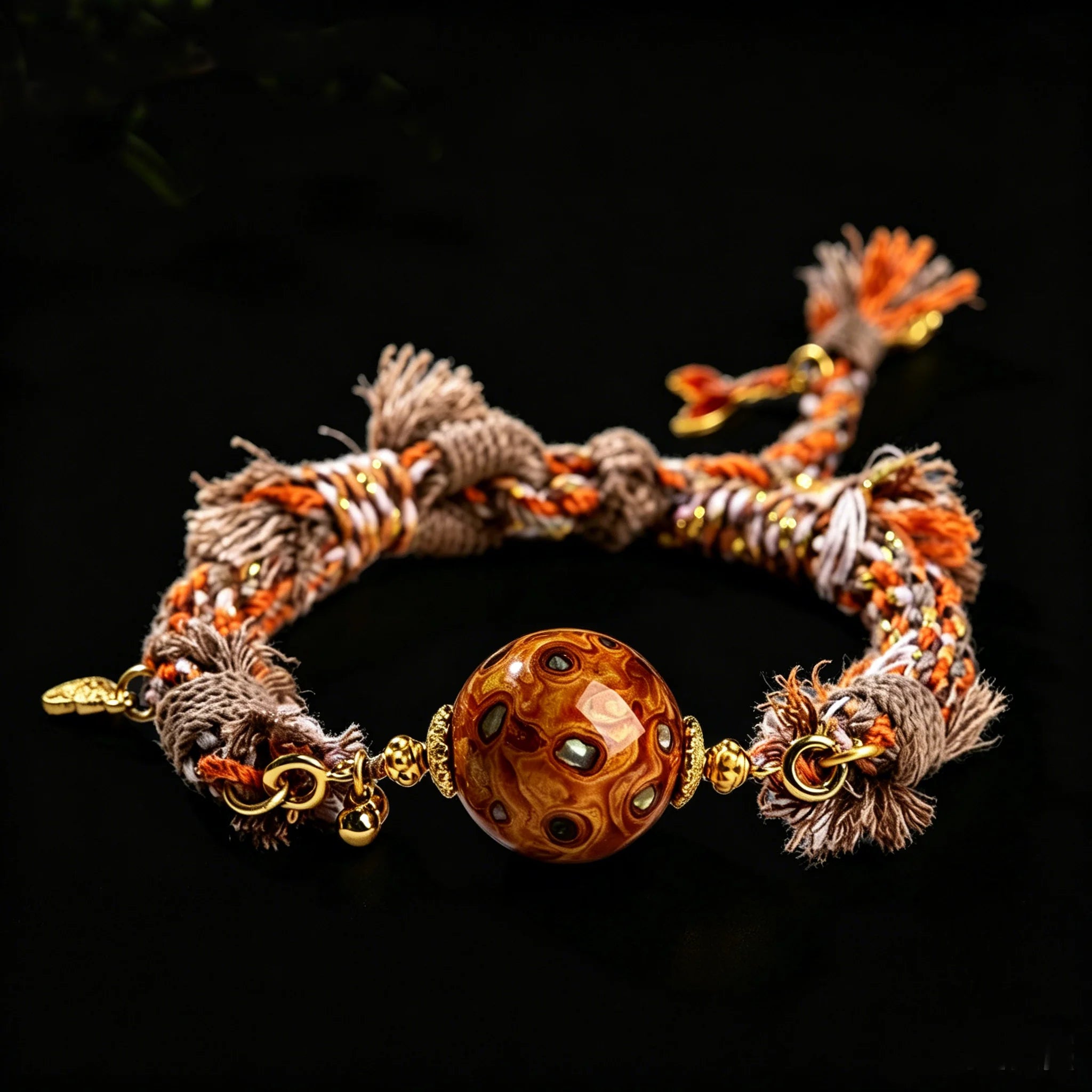 Tibetan Buddhist Knotted Rope Bracelet with Lacquer Transfer Bead