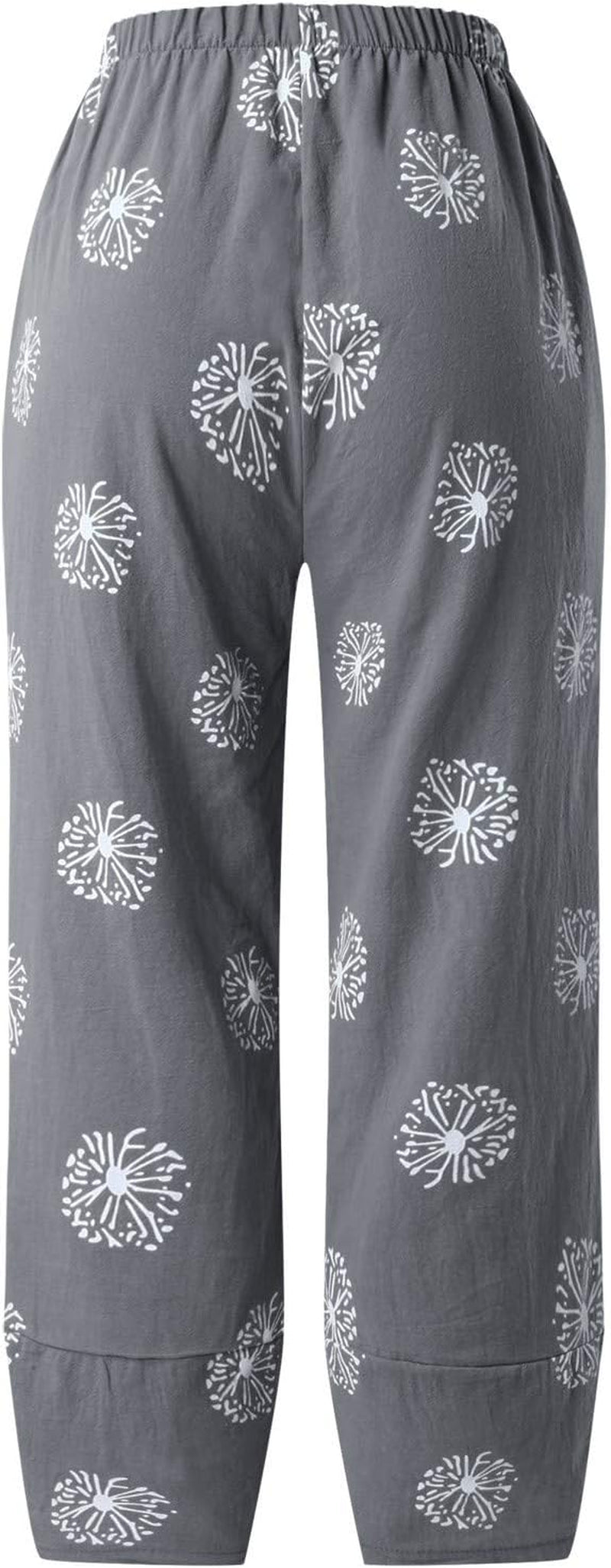 Women'S Linen Cropped Wide Leg Pants Women Summer Flowers Print Elastic Waist Soft Cotton Sweatpants Gray
