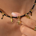 Natural Black Crystal Choker with Hamsa Pendant - Celestial Moon Star Evil Eye Shield Jewelry