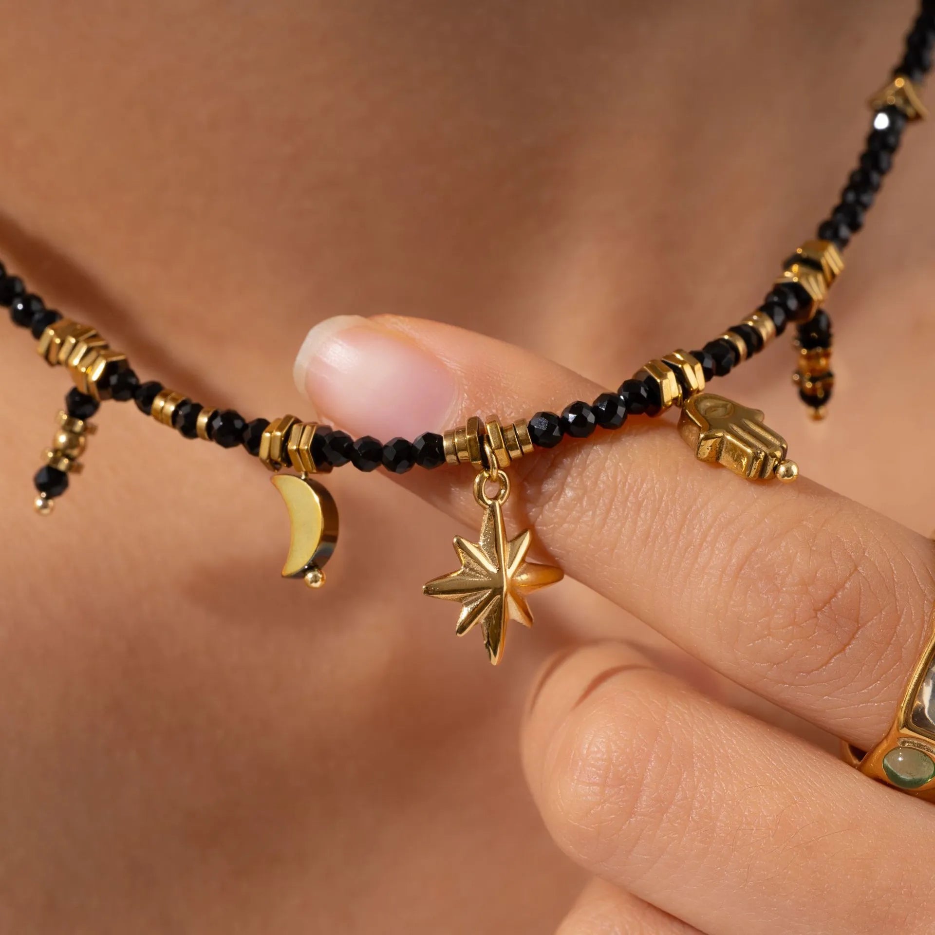 Natural Black Crystal Choker with Hamsa Pendant - Celestial Moon Star Evil Eye Shield Jewelry