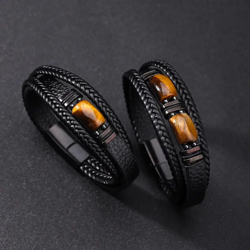 Natural Tiger's Eye Braided Leather Magnetic Bracelet