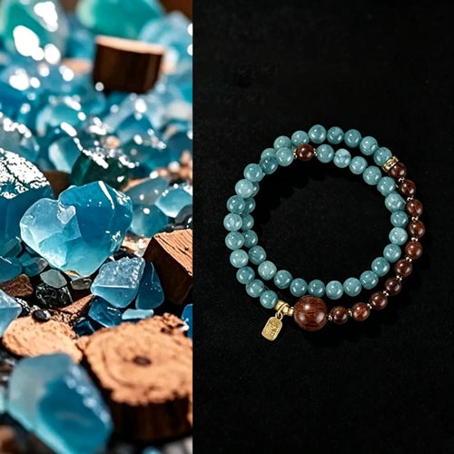 Artisan Sandalwood & Blue Crystal Beads Wristband for Grounding & Peace