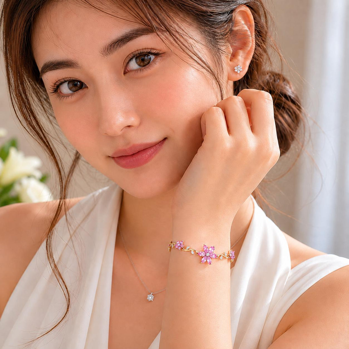 Pink Flower Bracelet, Gold Crystal Bracelet, Dainty Floral Bracelet, Adjustable Flower Jewelry, Romantic Gift for Her