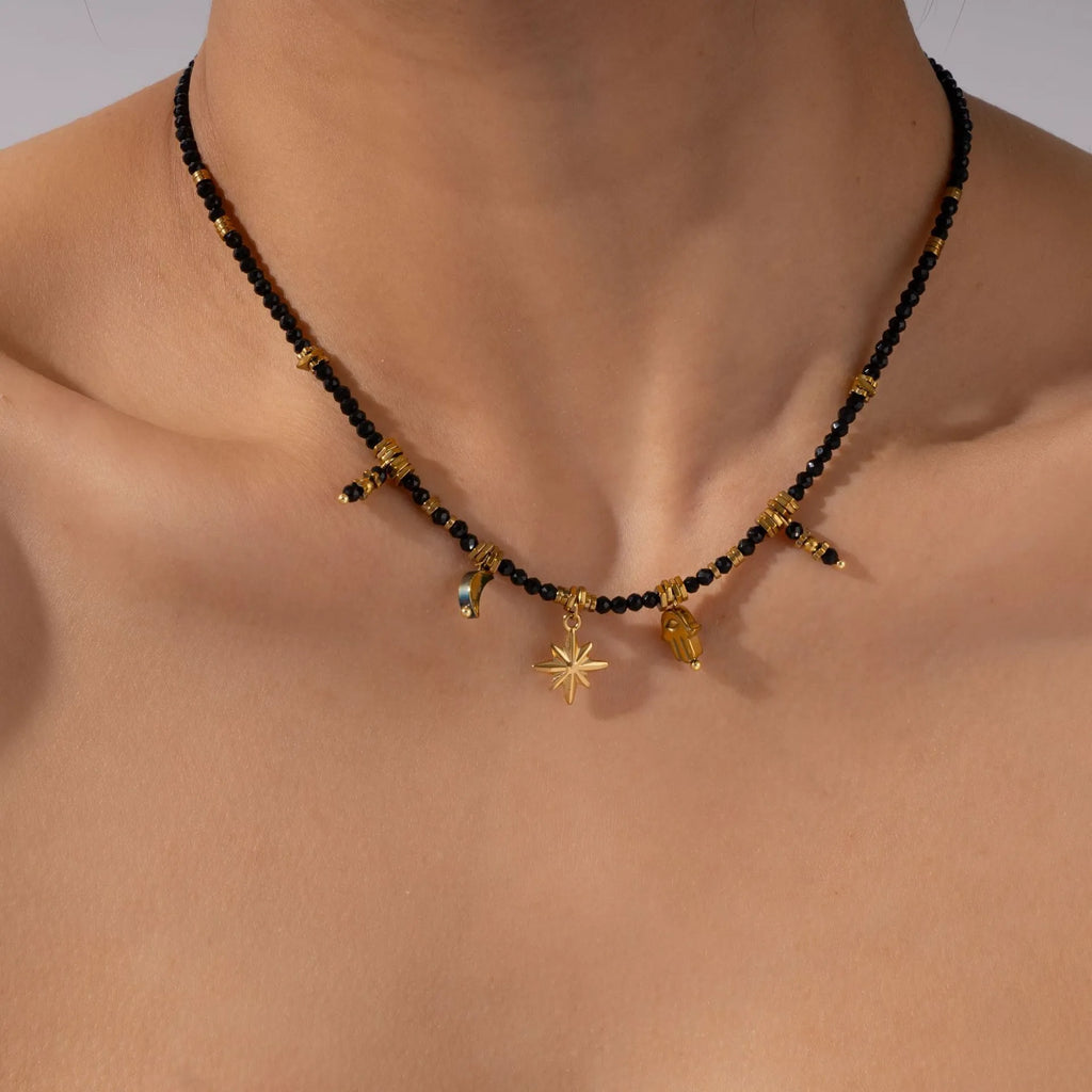 Natural Black Crystal Choker with Hamsa Pendant - Celestial Moon Star Evil Eye Shield Jewelry