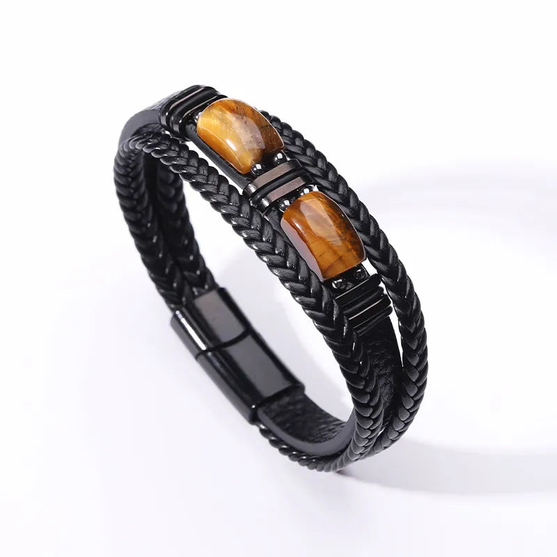 Natural Tiger's Eye Braided Leather Magnetic Bracelet