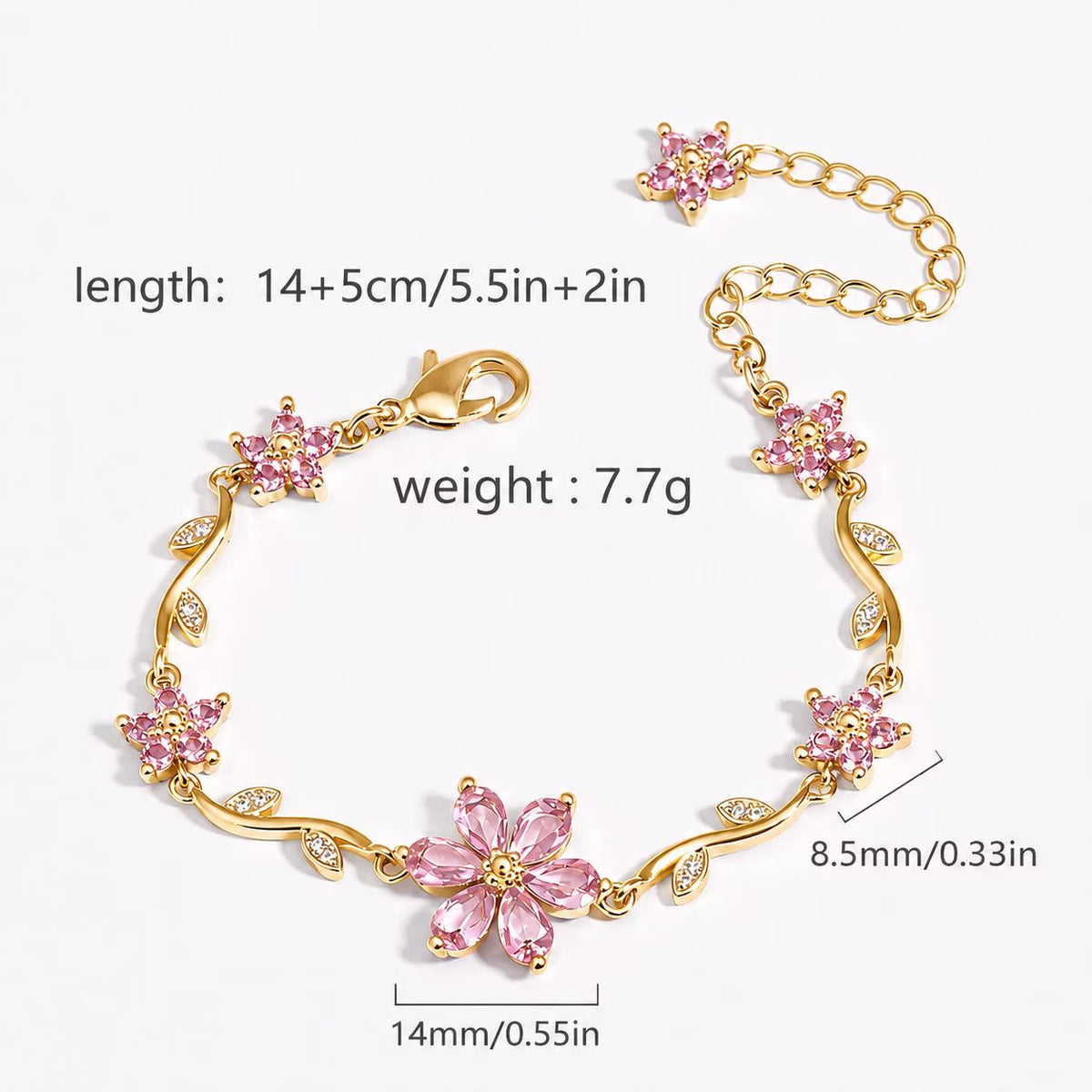 Pink Flower Bracelet, Gold Crystal Bracelet, Dainty Floral Bracelet, Adjustable Flower Jewelry, Romantic Gift for Her