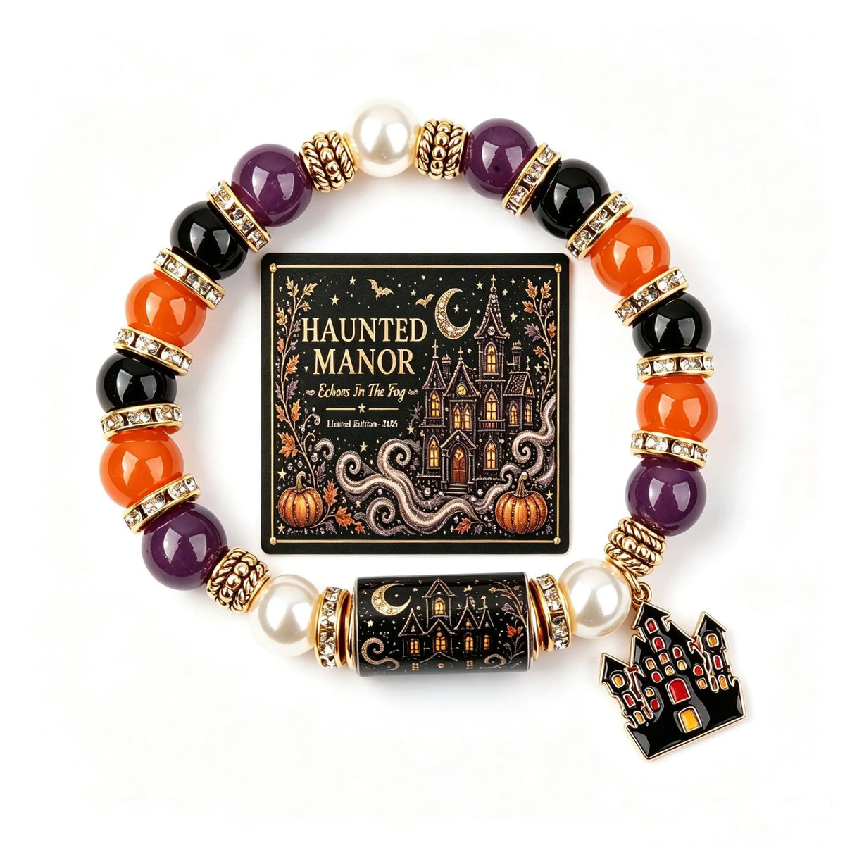 Halloween Crystal Beaded Bracelet with Gothic Charm & Psychic Shield