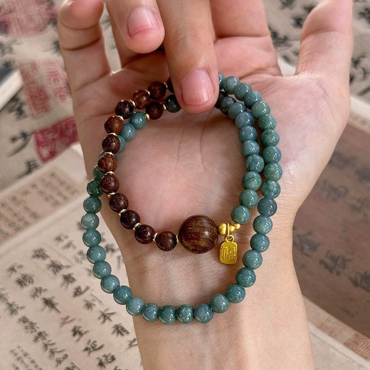 Sacred Lotus - Artisan Sandalwood & Blue Crystal Beads Wristband for Calm and Balance