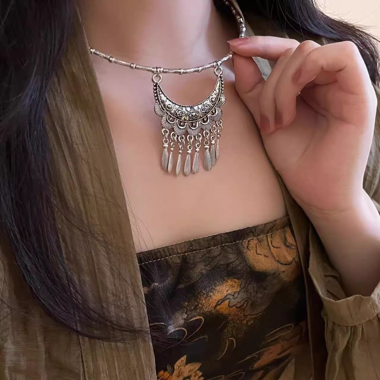 Sacred Lotus - Tibetan Crescent Moon Vintage Carved Tassel Necklace for Inner Balance