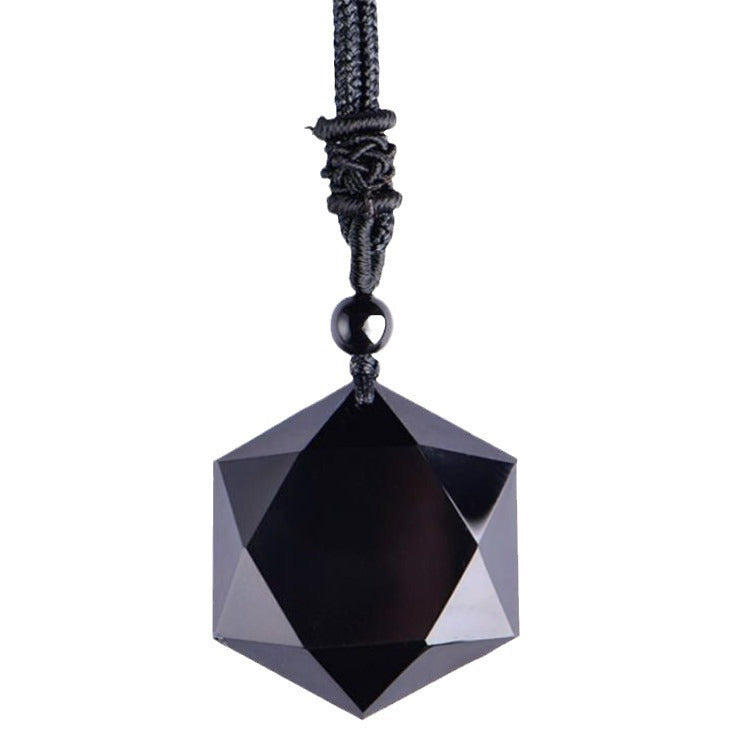 Sacred Lotus - Natural Black Obsidian Hexagram Pendant for Grounding & Peace