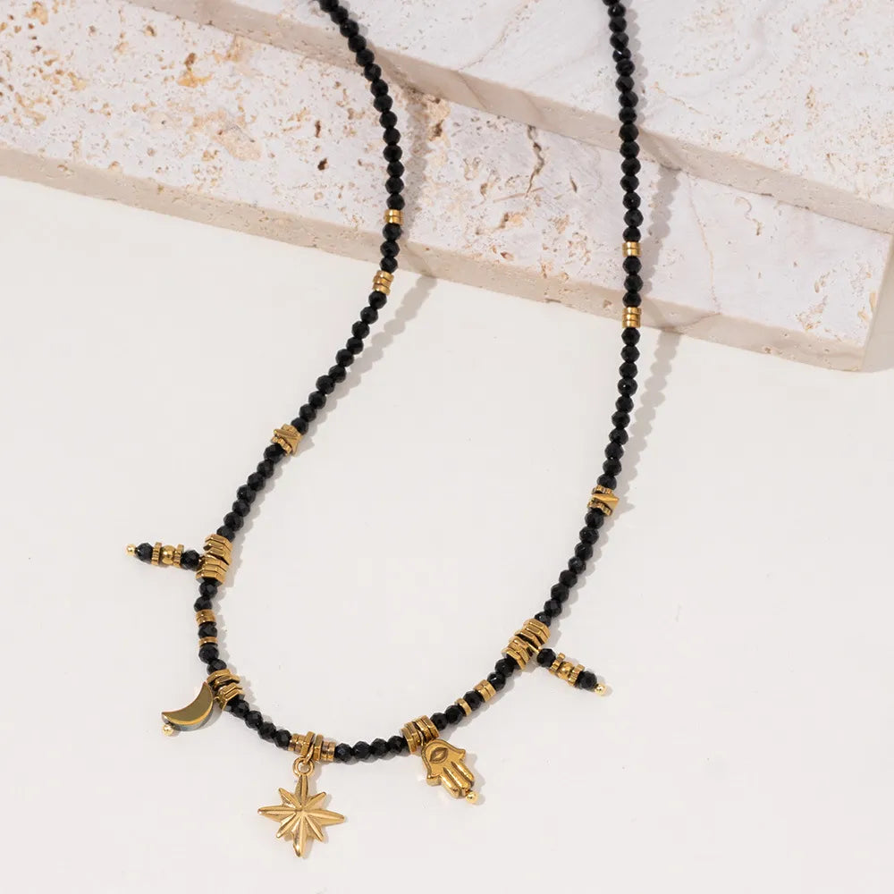 Natural Black Crystal Choker with Hamsa Pendant - Celestial Moon Star Evil Eye Shield Jewelry