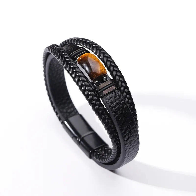 Natural Tiger's Eye Braided Leather Magnetic Bracelet