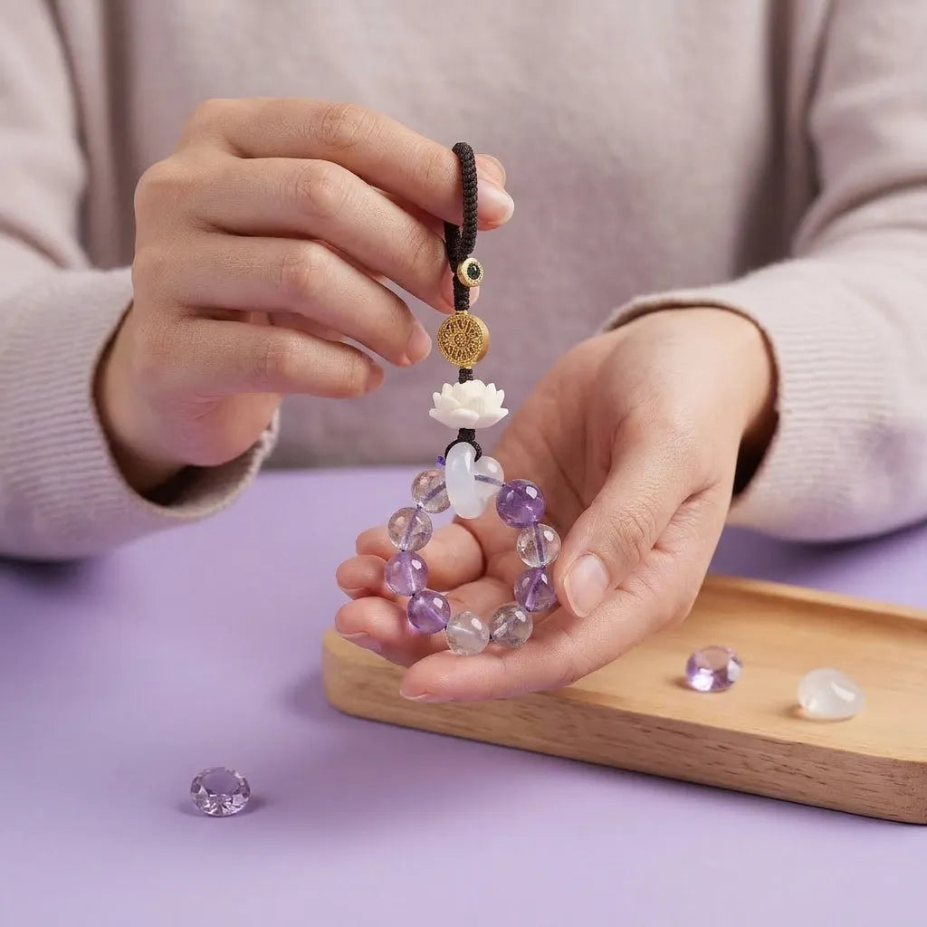 Natural Purple Crystal Keychain - Portable Crystal Healing Pendant for Good Fortune
