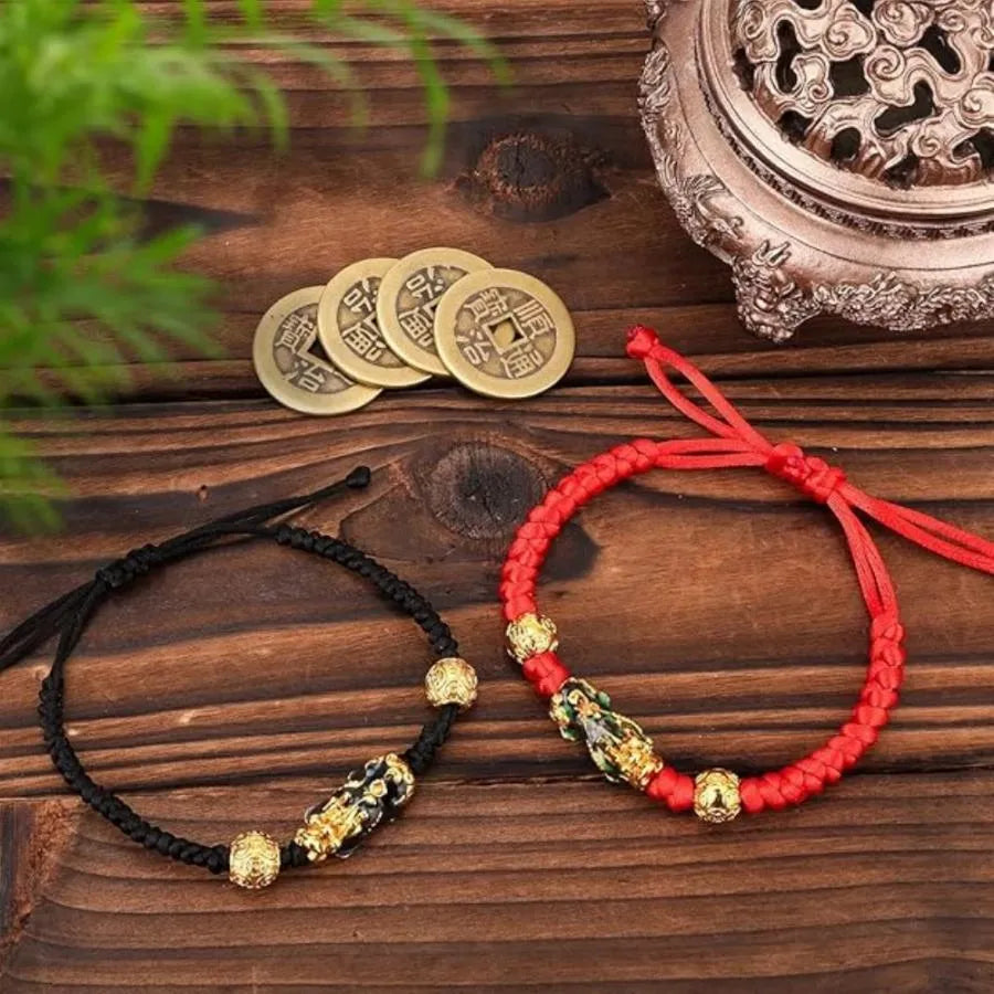 Sacred Lotus - Pixiu Red & Black Bracelet for Wealth and Good Luck