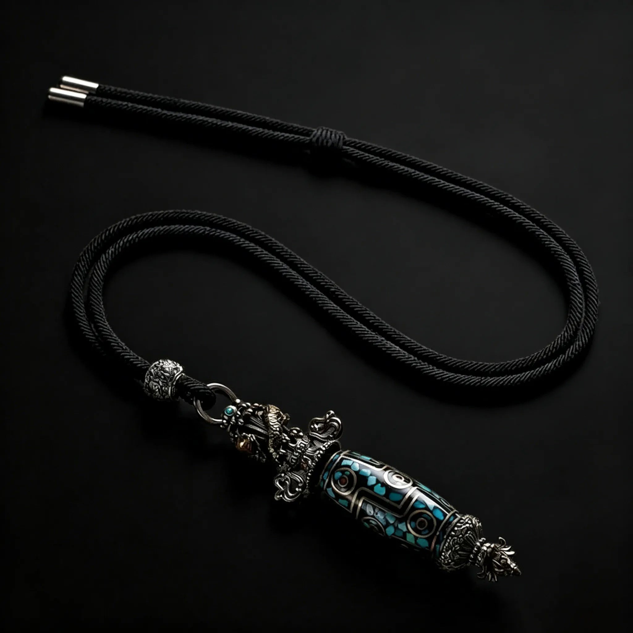Vajrayana 9-Eyed Dzi Bead Pendant for Protection & Luck