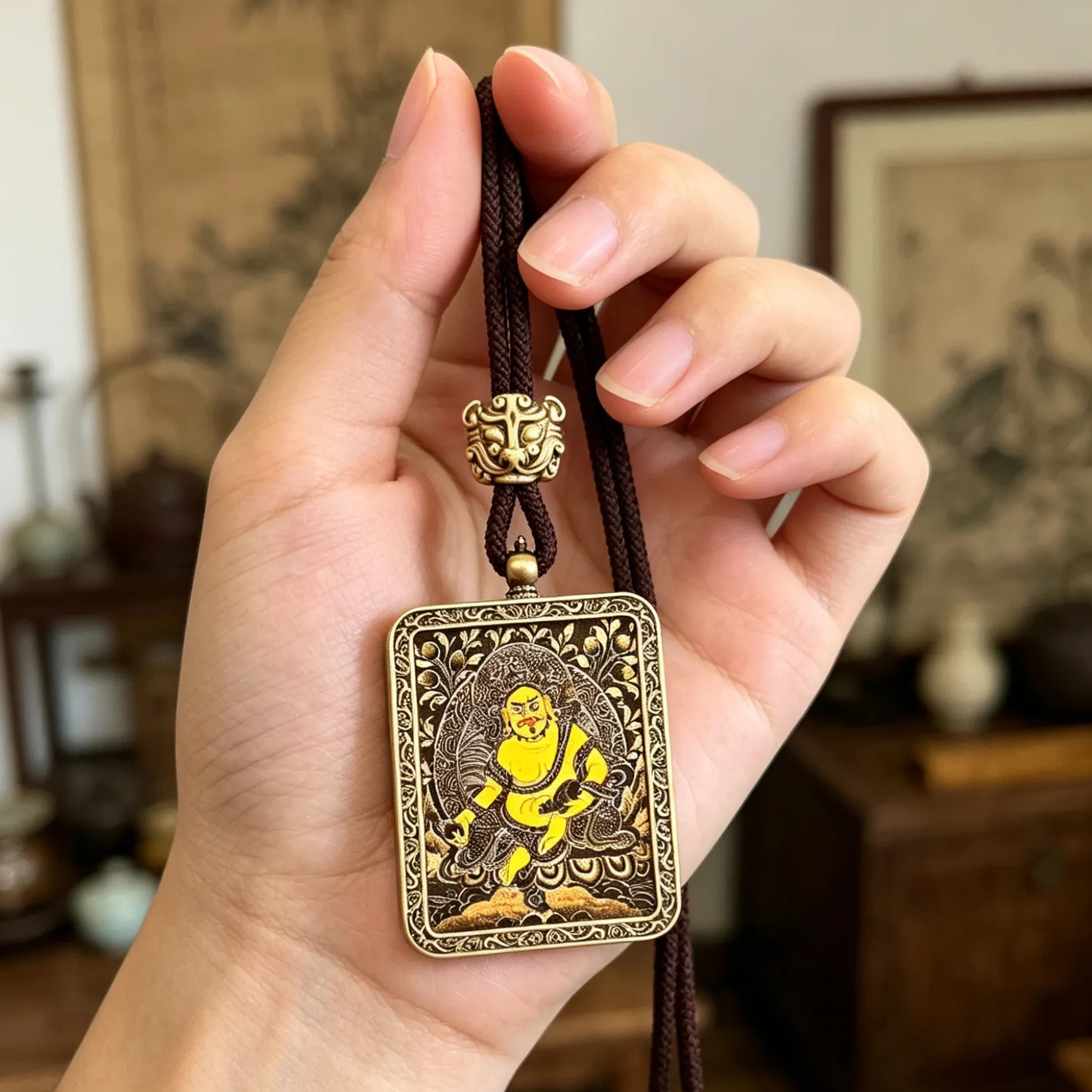 Tibetan Buddhist Five Gods of Wealth Thangka Pendant
