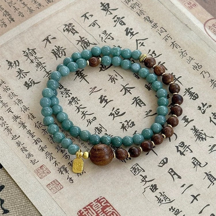 Sacred Lotus - Artisan Sandalwood & Blue Crystal Beads Wristband for Calm and Balance