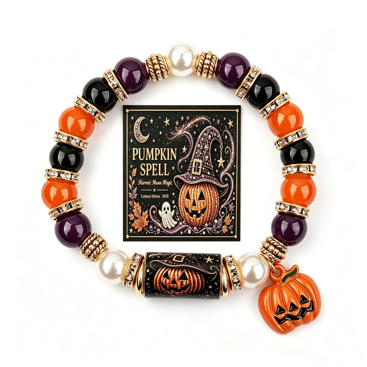 Halloween Crystal Beaded Bracelet with Gothic Charm & Psychic Shield