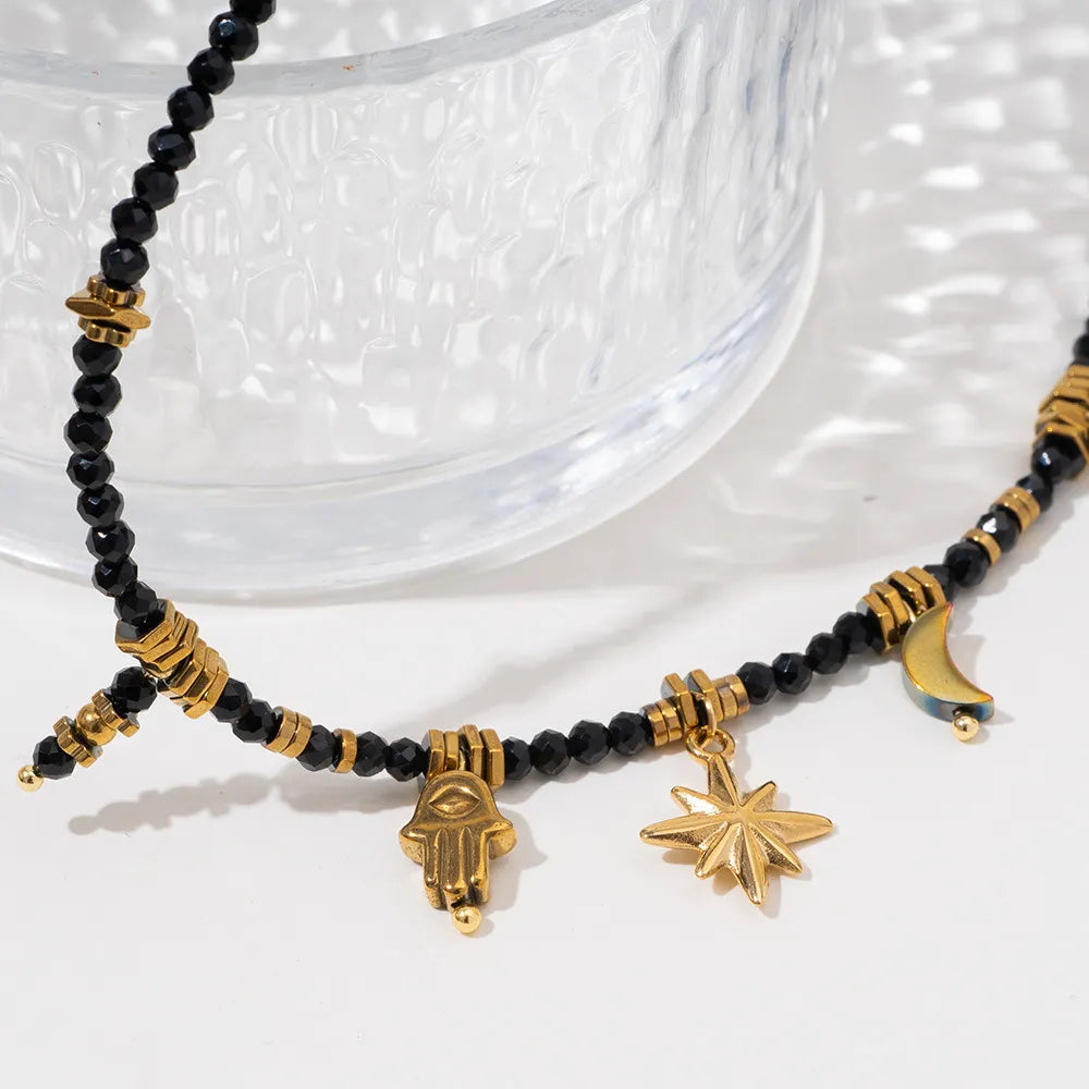 Natural Black Crystal Choker with Hamsa Pendant - Celestial Moon Star Evil Eye Shield Jewelry