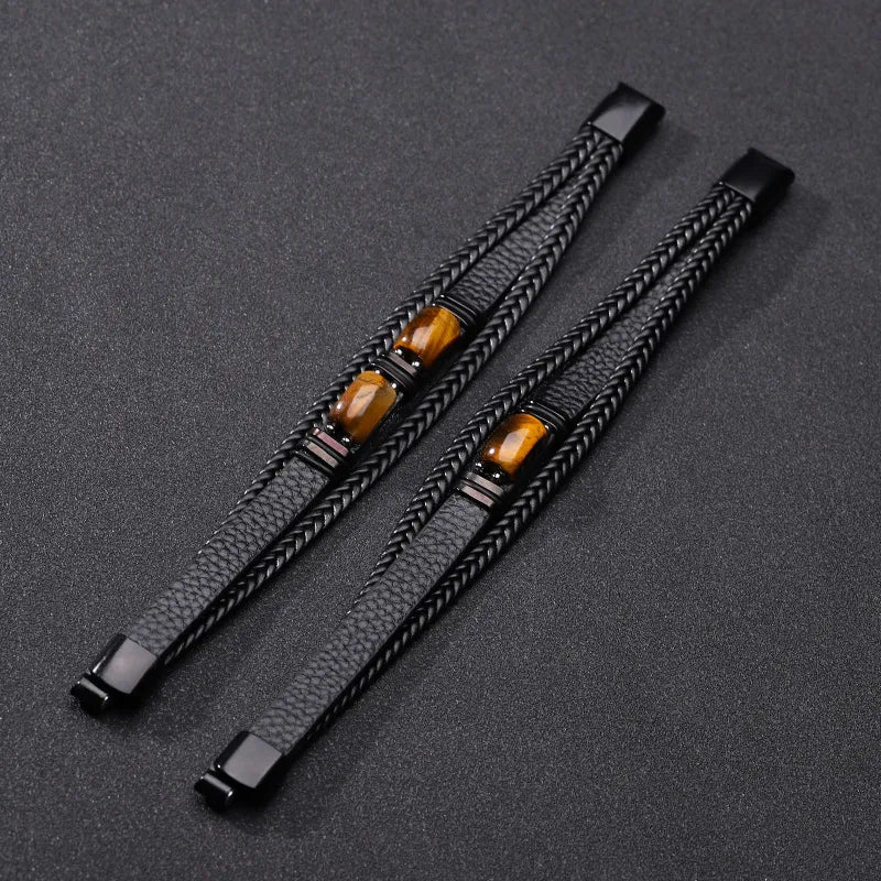 Natural Tiger's Eye Braided Leather Magnetic Bracelet