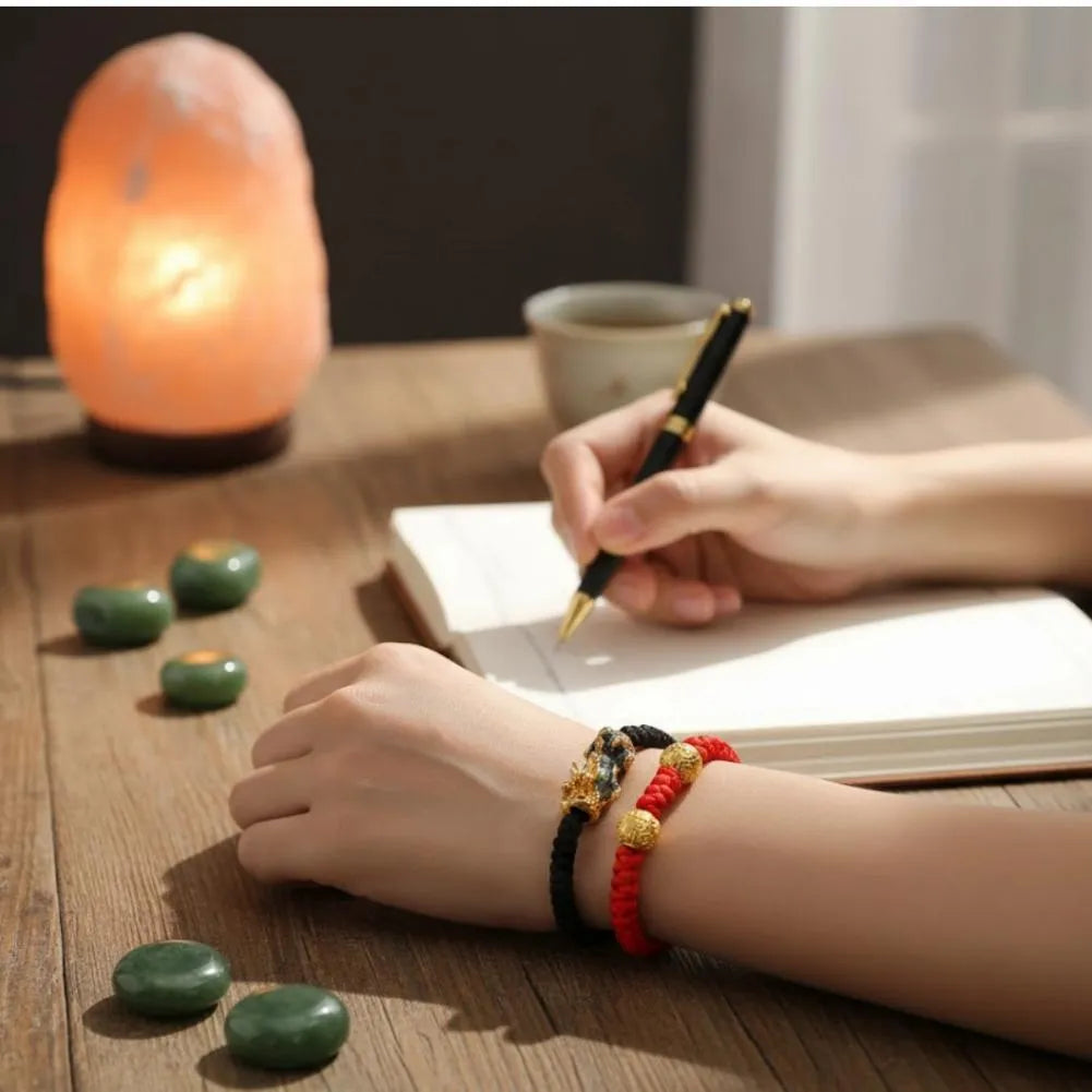 Sacred Lotus - Pixiu Red & Black Bracelet for Wealth and Good Luck