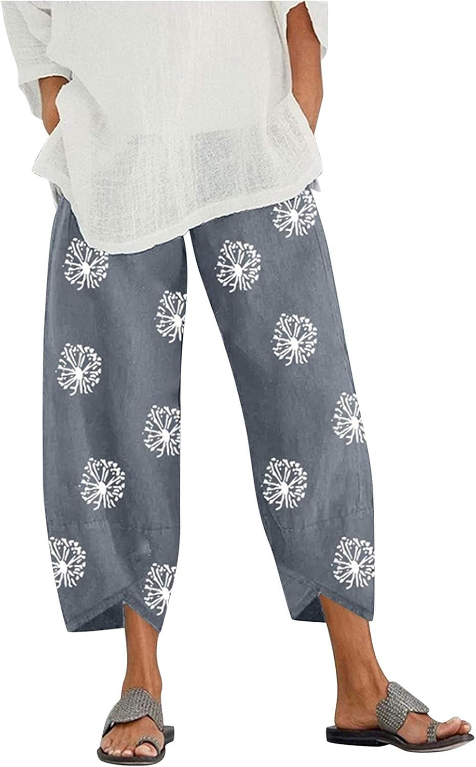 Women'S Linen Cropped Wide Leg Pants Women Summer Flowers Print Elastic Waist Soft Cotton Sweatpants Gray