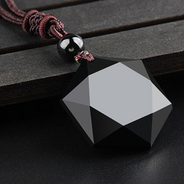 Sacred Lotus - Natural Black Obsidian Hexagram Pendant for Grounding & Peace