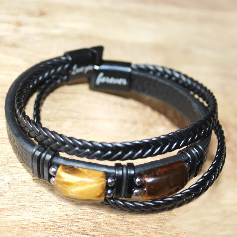 Natural Tiger's Eye Braided Leather Magnetic Bracelet