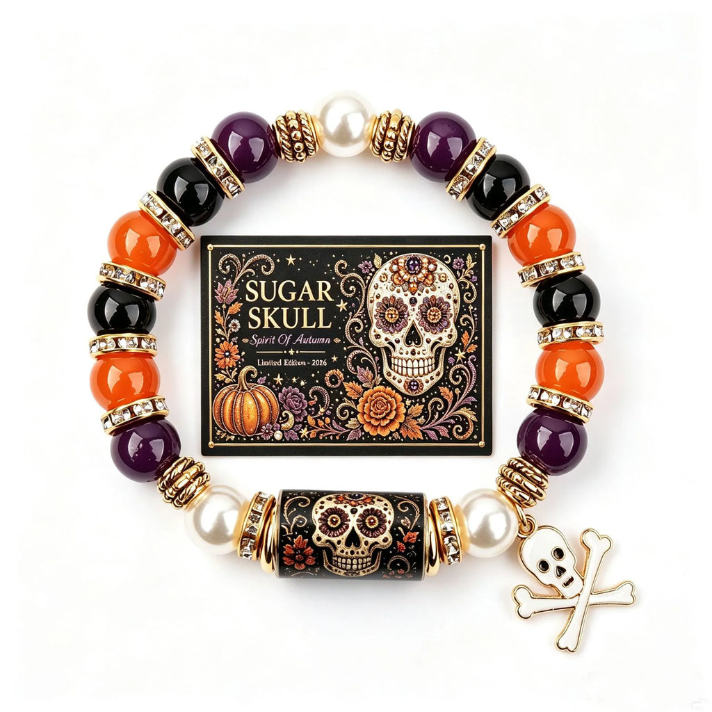 Halloween Crystal Beaded Bracelet with Gothic Charm & Psychic Shield