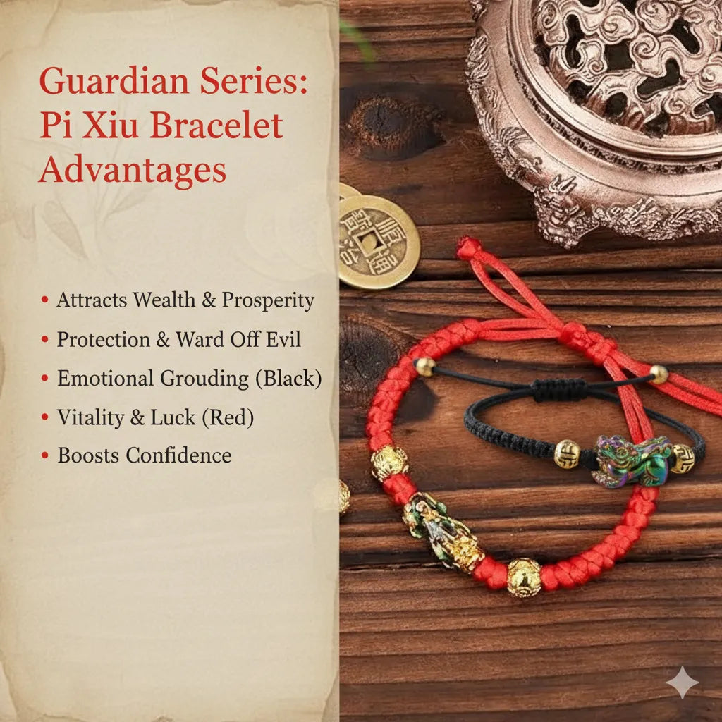 Sacred Lotus - Pixiu Red & Black Bracelet for Wealth and Good Luck