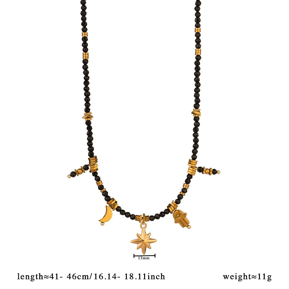 Natural Black Crystal Choker with Hamsa Pendant - Celestial Moon Star Evil Eye Shield Jewelry