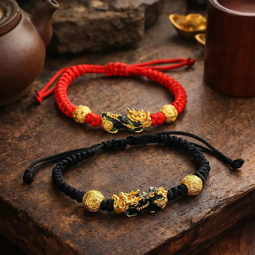 Sacred Lotus - Pixiu Red & Black Bracelet for Wealth and Good Luck