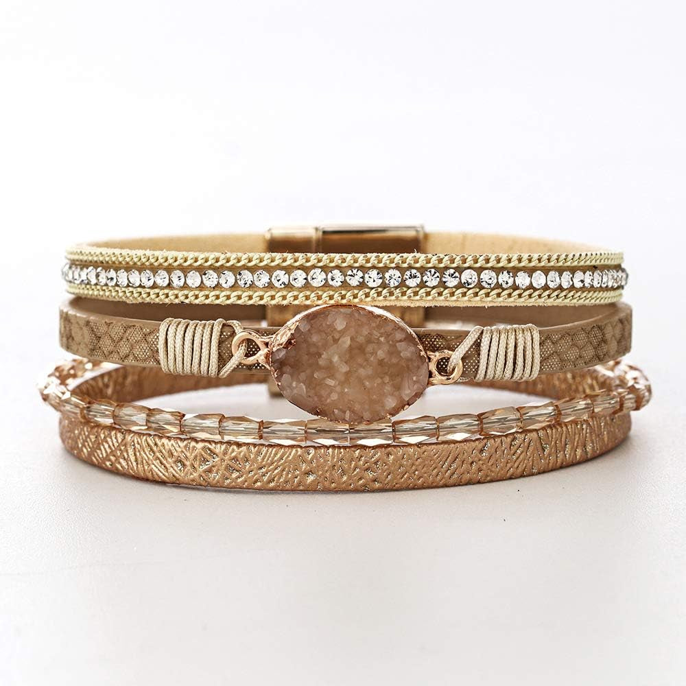 Leather Wrap Bracelet for Women, Boho Western Layered Cuff Jewelry