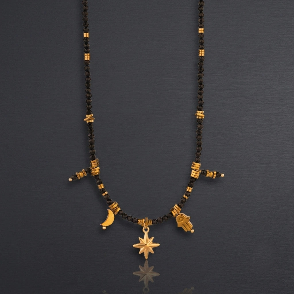 Natural Black Crystal Choker with Hamsa Pendant - Celestial Moon Star Evil Eye Shield Jewelry