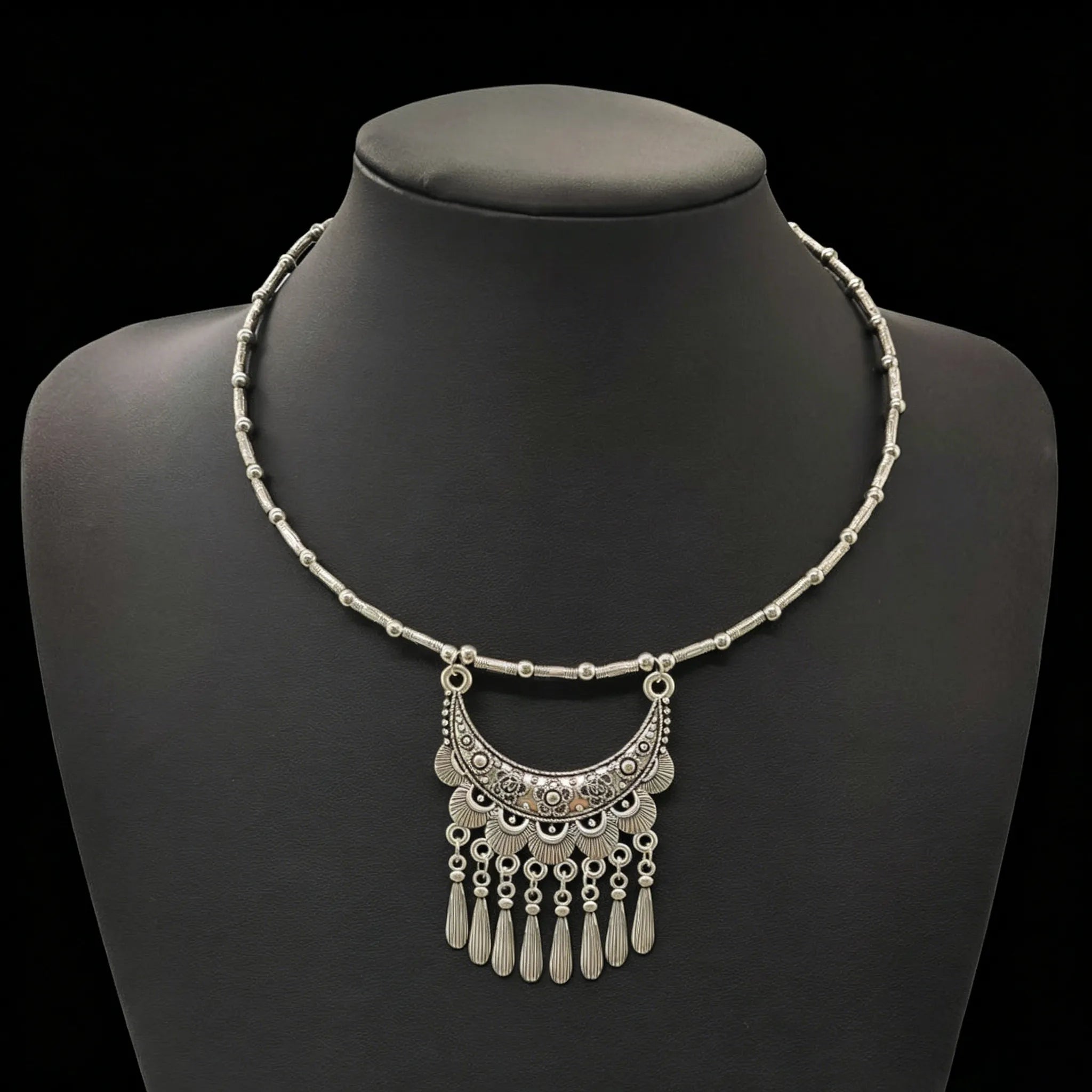 Tibetan Crescent Moon Vintage Carved Tassel Necklace for Intuition