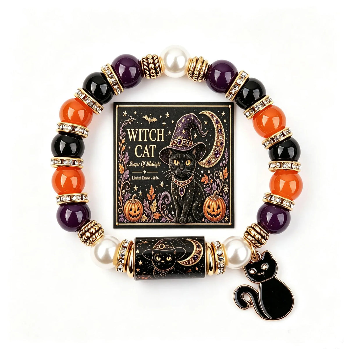 Halloween Crystal Beaded Bracelet with Gothic Charm & Psychic Shield