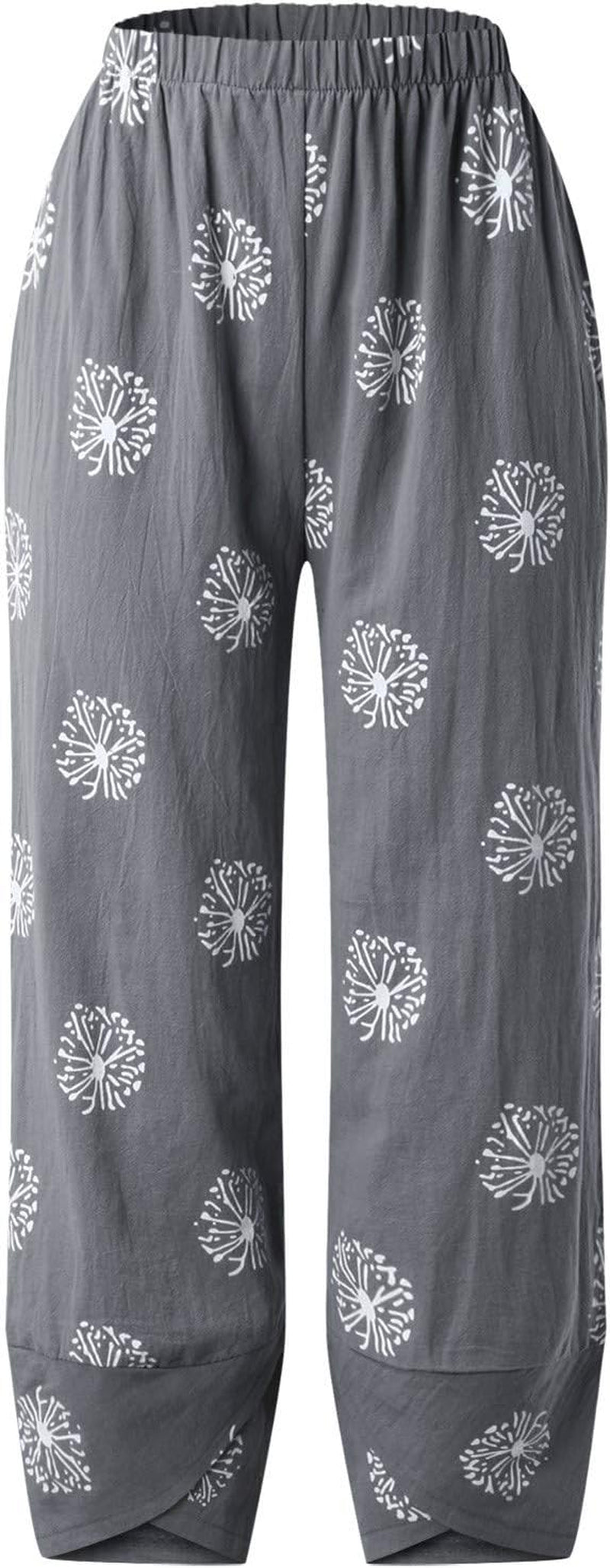 Women'S Linen Cropped Wide Leg Pants Women Summer Flowers Print Elastic Waist Soft Cotton Sweatpants Gray