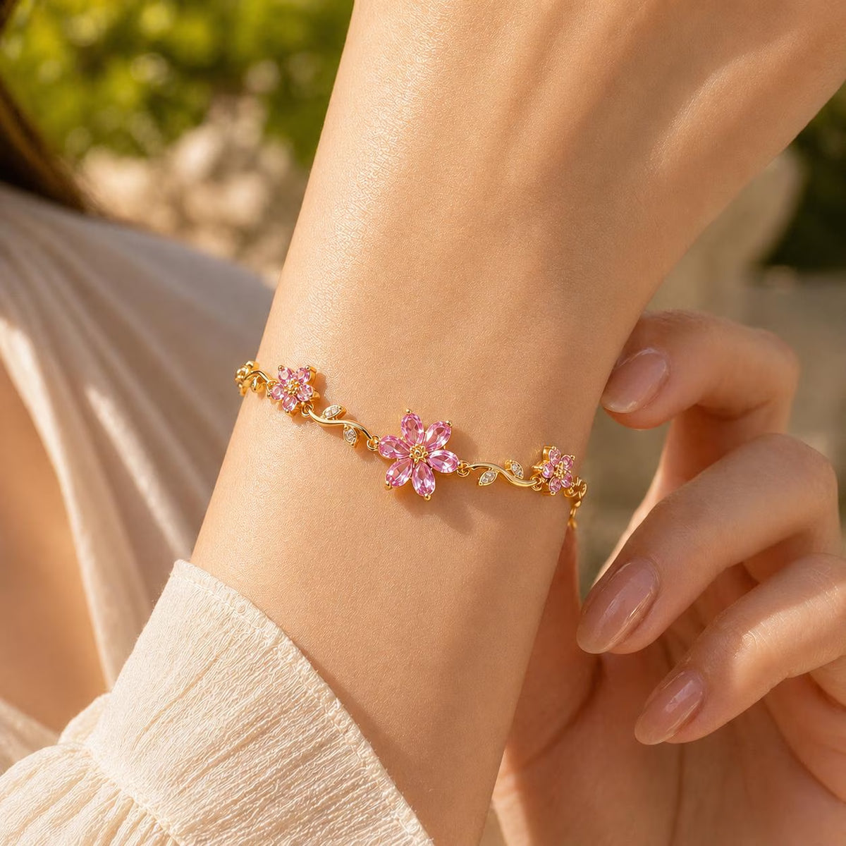 Pink Flower Bracelet, Gold Crystal Bracelet, Dainty Floral Bracelet, Adjustable Flower Jewelry, Romantic Gift for Her