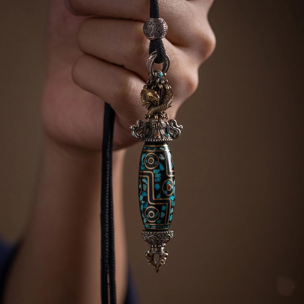 Sacred Lotus - Vajrayana 9-Eyed Dzi Bead Pendant for Protection & Luck
