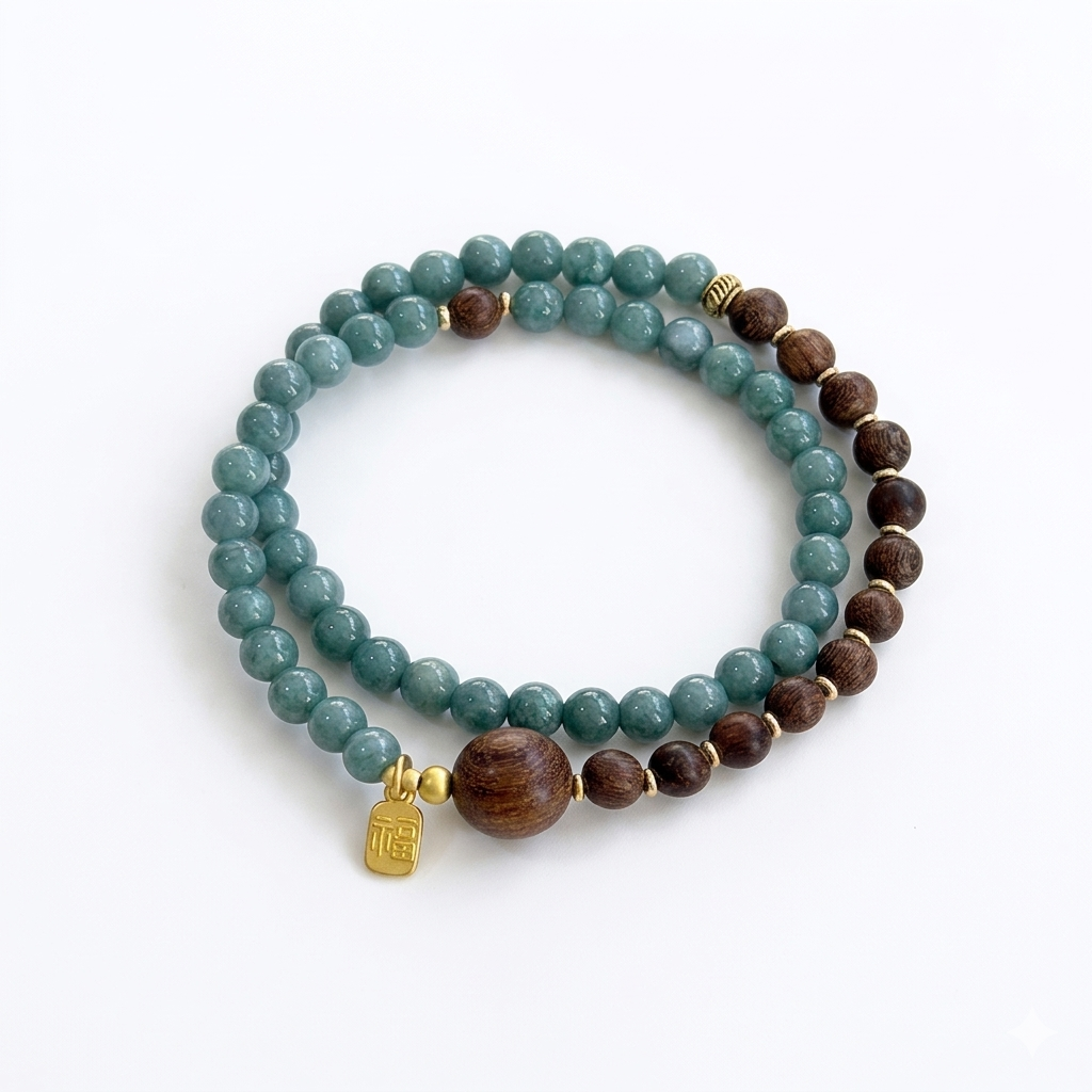 Sacred Lotus - Artisan Sandalwood & Blue Crystal Beads Wristband for Calm and Balance