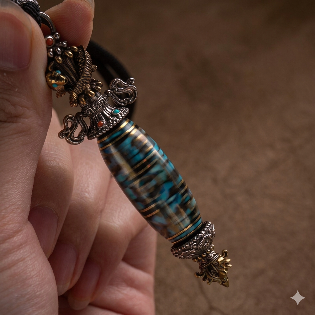 Sacred Lotus - Vajrayana 9-Eyed Dzi Bead Pendant for Protection & Luck