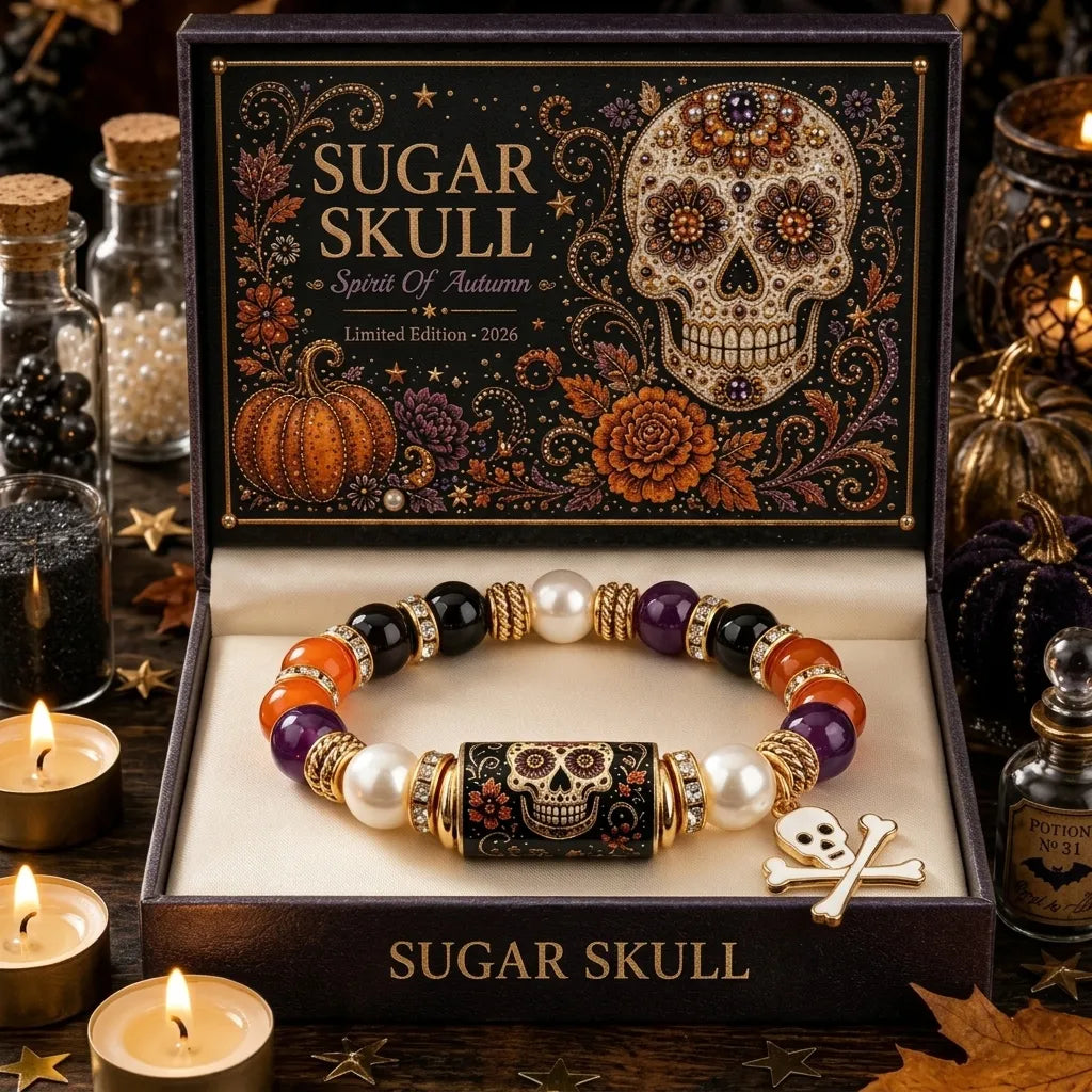 Halloween Crystal Beaded Bracelet with Gothic Charm & Psychic Shield