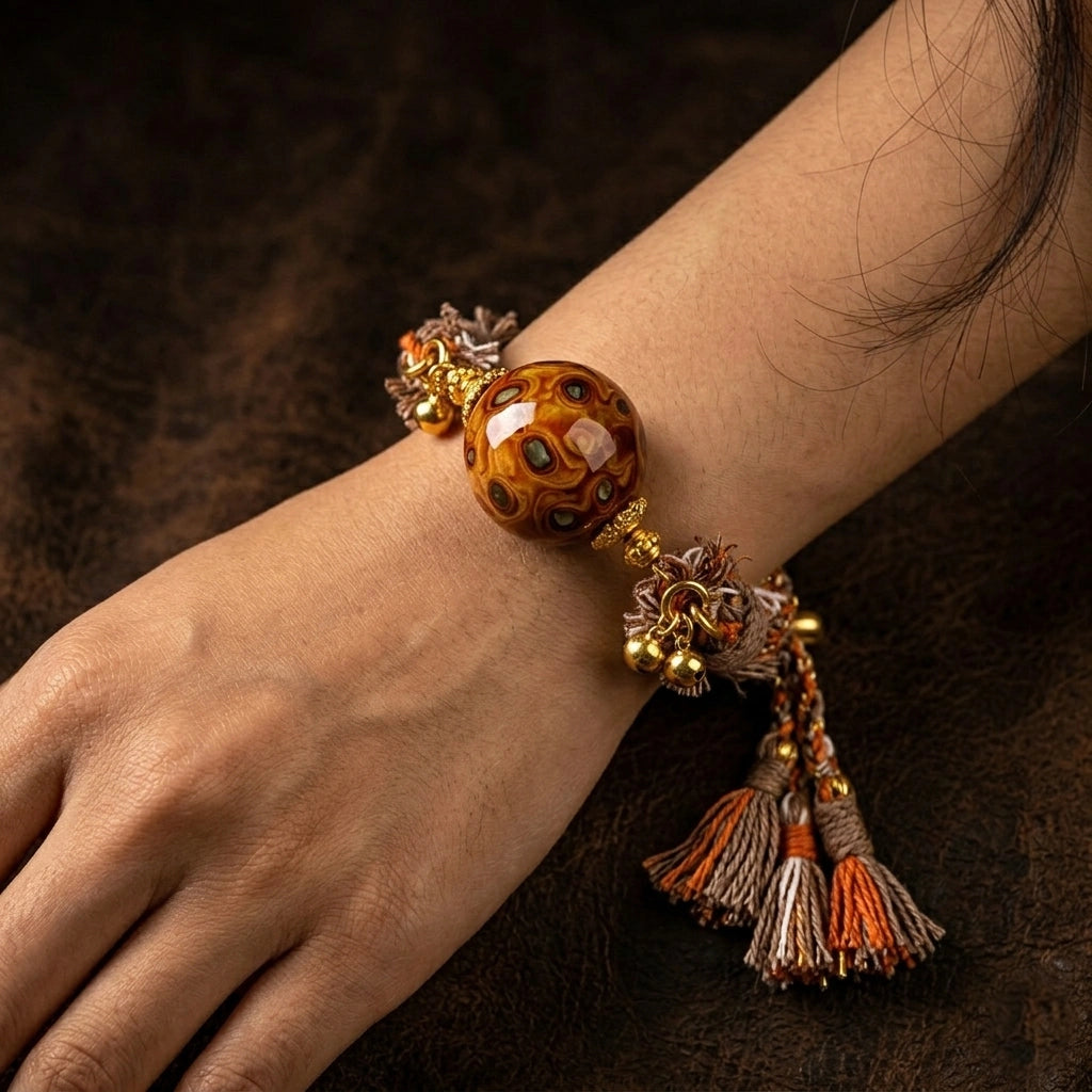 Tibetan Buddhist Knotted Rope Bracelet with Lacquer Transfer Bead