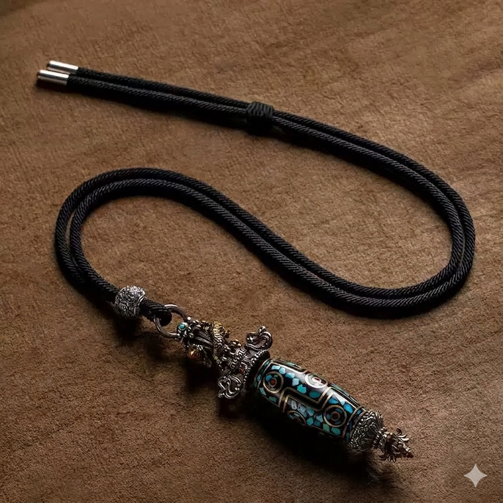 Sacred Lotus - Vajrayana 9-Eyed Dzi Bead Pendant for Protection & Luck