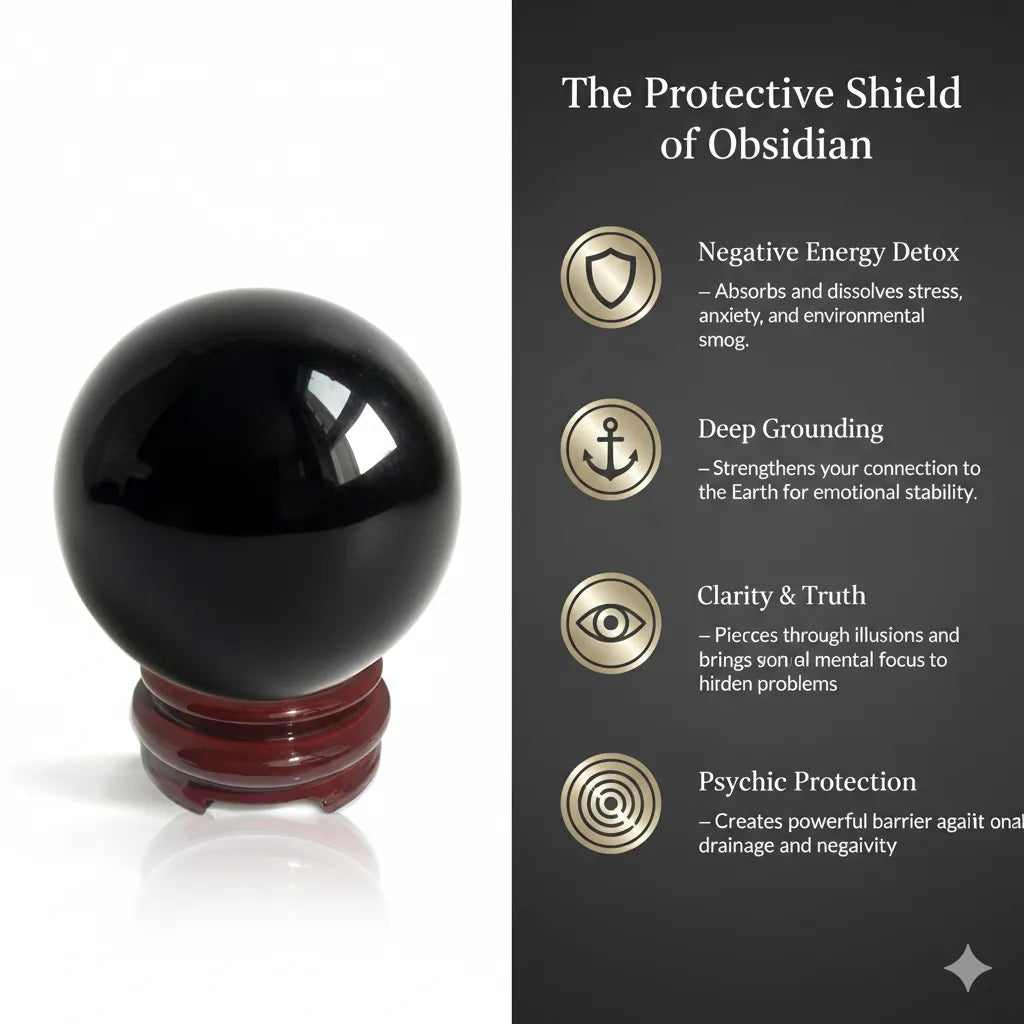 Sacred Lotus - Obsidian Crystal Sphere for Protection & Emotional Healing