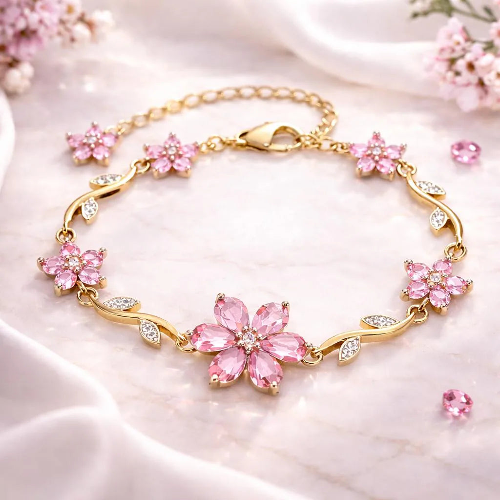Pink Flower Bracelet, Gold Crystal Bracelet, Dainty Floral Bracelet, Adjustable Flower Jewelry, Romantic Gift for Her