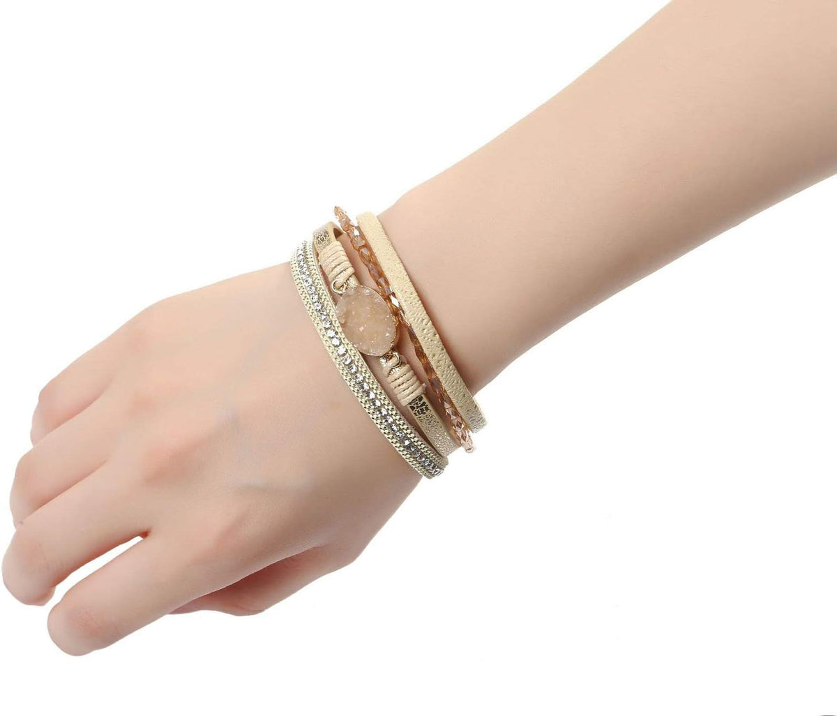 Leather Wrap Bracelet for Women, Boho Western Layered Cuff Jewelry