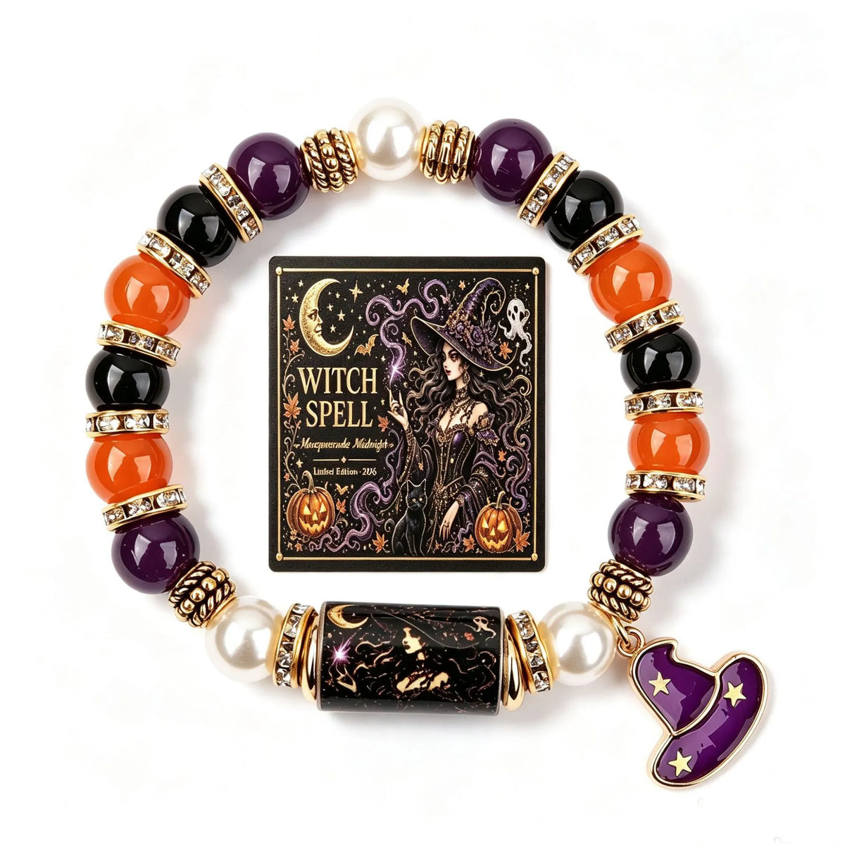 Halloween Crystal Beaded Bracelet with Gothic Charm & Psychic Shield