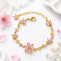 Pink Flower Bracelet, Gold Crystal Bracelet, Dainty Floral Bracelet, Adjustable Flower Jewelry, Romantic Gift for Her