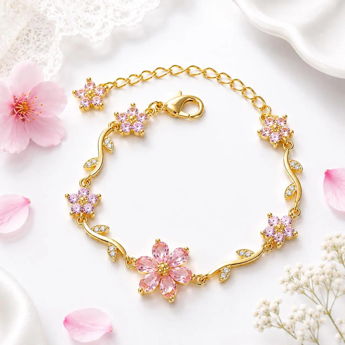 Pink Flower Bracelet, Gold Crystal Bracelet, Dainty Floral Bracelet, Adjustable Flower Jewelry, Romantic Gift for Her